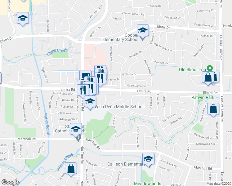 map of restaurants, bars, coffee shops, grocery stores, and more near 1055 Syracuse Circle in Vacaville