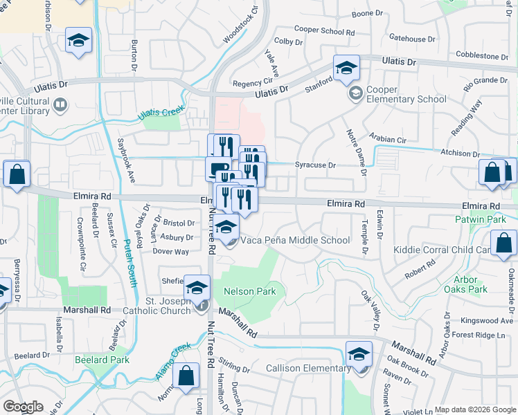 map of restaurants, bars, coffee shops, grocery stores, and more near 1127 Syracuse Circle in Vacaville