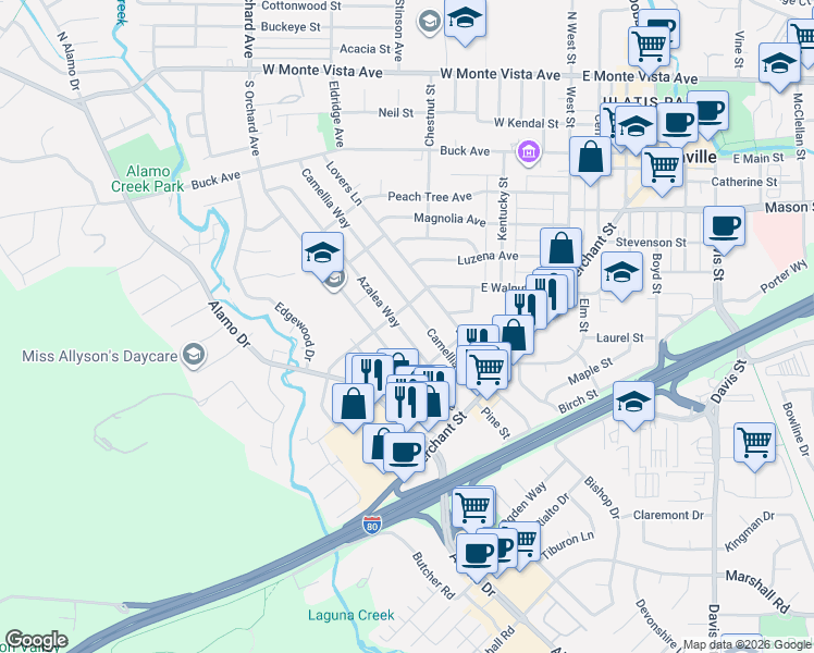 map of restaurants, bars, coffee shops, grocery stores, and more near 711 Camellia Way in Vacaville