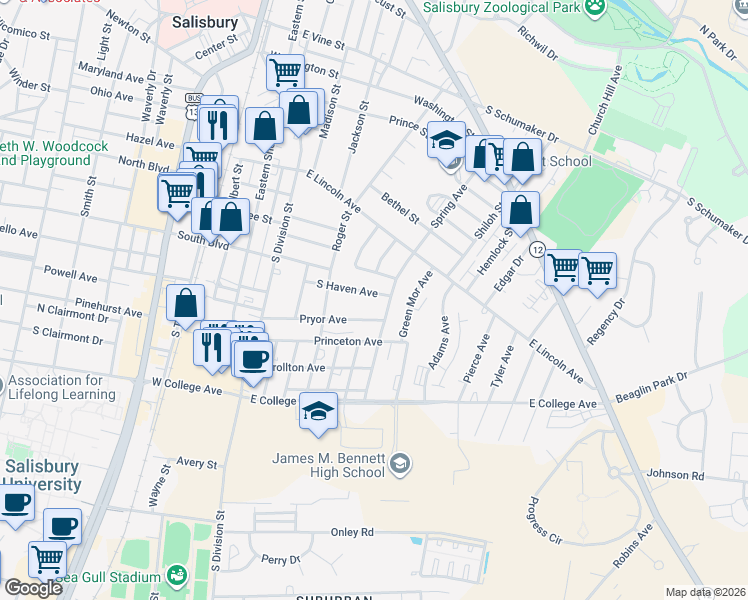 map of restaurants, bars, coffee shops, grocery stores, and more near 830 Springfield Circle in Salisbury