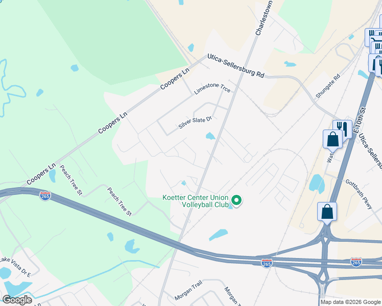 map of restaurants, bars, coffee shops, grocery stores, and more near 3919 Charlestown Pike in Jeffersonville