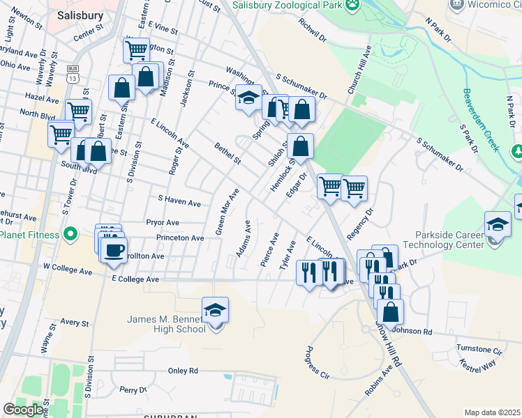 map of restaurants, bars, coffee shops, grocery stores, and more near 530 East Lincoln Avenue in Salisbury
