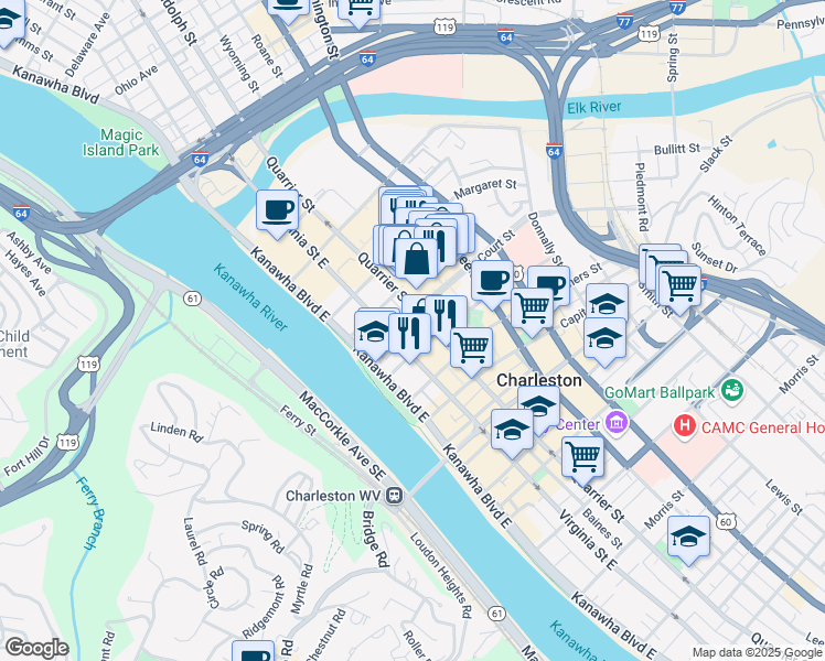 map of restaurants, bars, coffee shops, grocery stores, and more near 500 Quarrier Street in Charleston