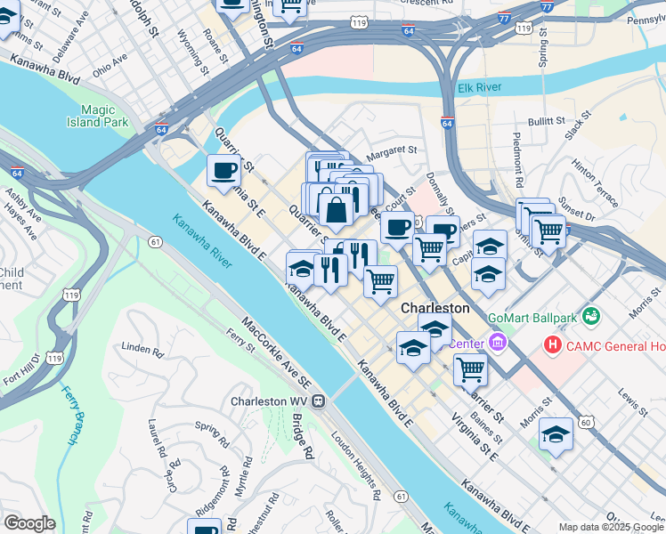 map of restaurants, bars, coffee shops, grocery stores, and more near 500 Quarrier Street in Charleston