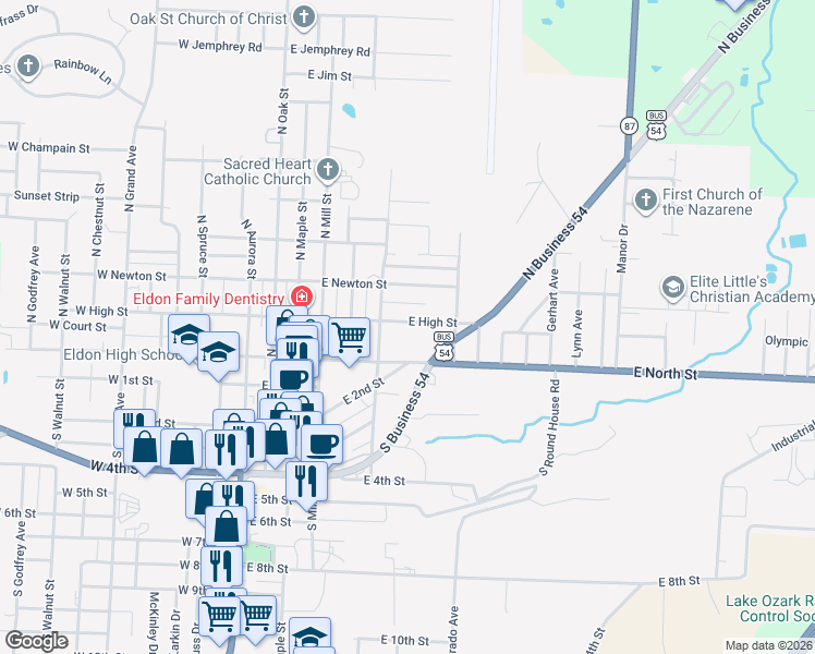 map of restaurants, bars, coffee shops, grocery stores, and more near 200-298 Franklin Avenue in Eldon