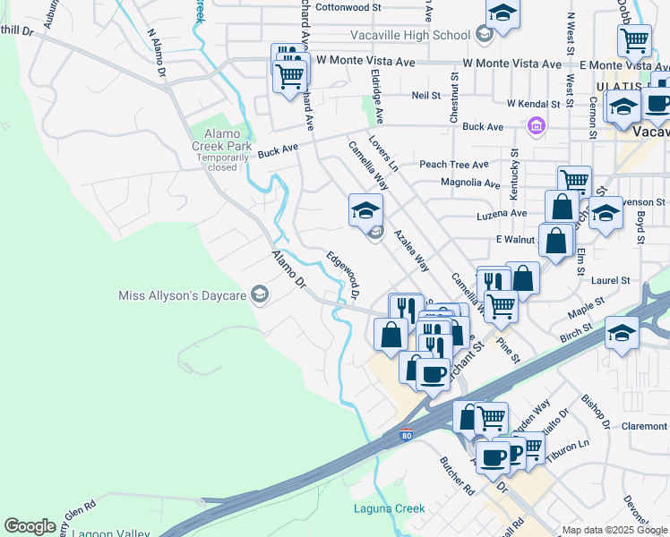 map of restaurants, bars, coffee shops, grocery stores, and more near 490 Edgewood Drive in Vacaville