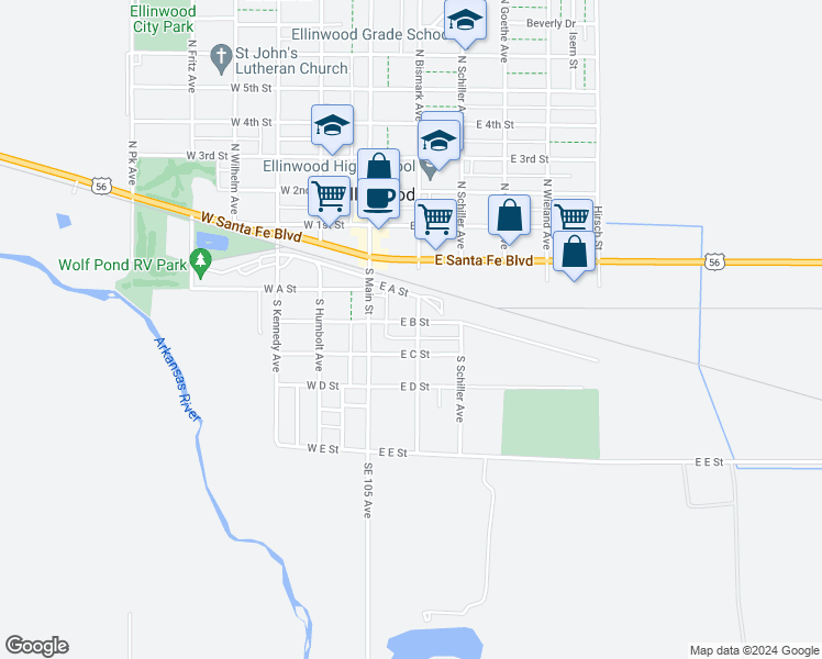 map of restaurants, bars, coffee shops, grocery stores, and more near 100-198 East B Street in Ellinwood