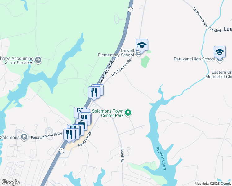map of restaurants, bars, coffee shops, grocery stores, and more near 12890 H G Trueman Road in Lusby