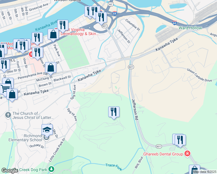 map of restaurants, bars, coffee shops, grocery stores, and more near 4 Mathias Lane in Charleston