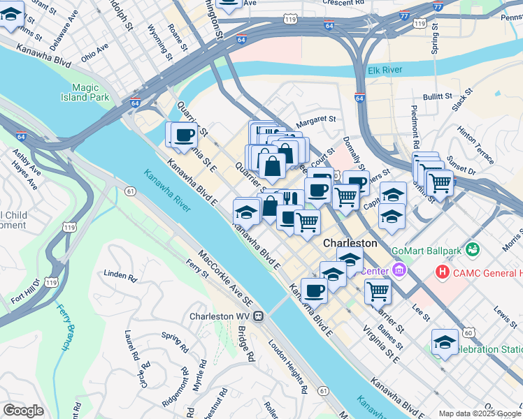 map of restaurants, bars, coffee shops, grocery stores, and more near 390 Quarrier Street in Charleston
