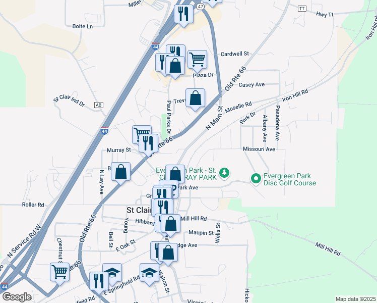 map of restaurants, bars, coffee shops, grocery stores, and more near 540 North Main Street in Saint Clair