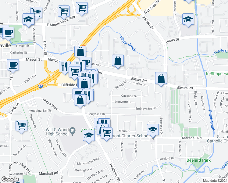 map of restaurants, bars, coffee shops, grocery stores, and more near 262 Shasta Drive in Vacaville