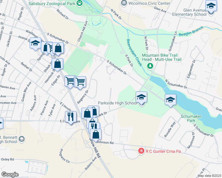 map of restaurants, bars, coffee shops, grocery stores, and more near 701 College Lane in Salisbury
