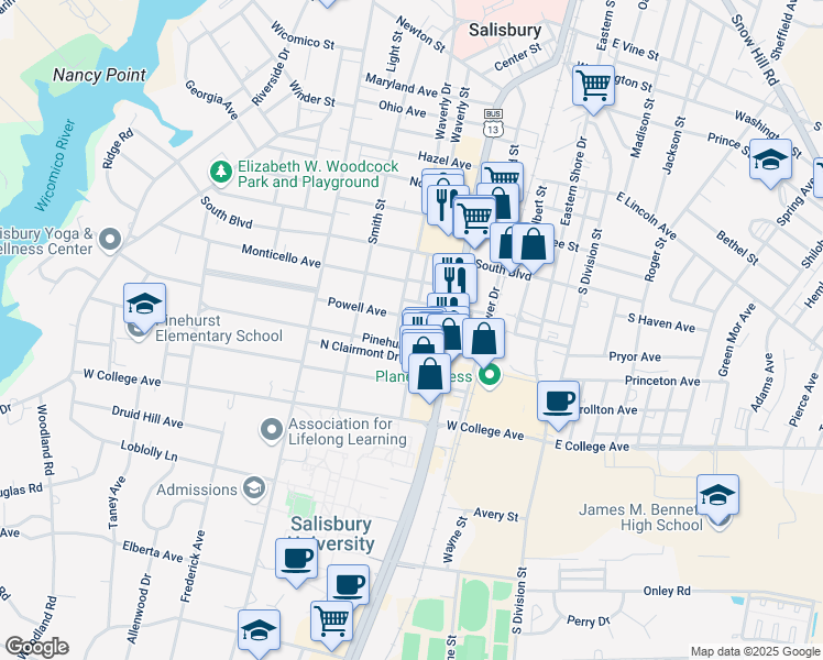 map of restaurants, bars, coffee shops, grocery stores, and more near 119 Cynthia Place in Salisbury