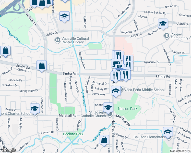 map of restaurants, bars, coffee shops, grocery stores, and more near 119 Lakehurst Drive in Vacaville