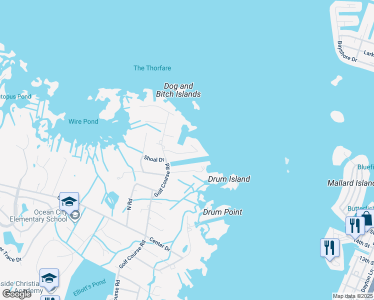 map of restaurants, bars, coffee shops, grocery stores, and more near 13023 North Shore Road in Ocean City