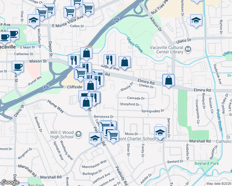 map of restaurants, bars, coffee shops, grocery stores, and more near 146 Del Rio Court in Vacaville