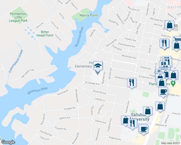 map of restaurants, bars, coffee shops, grocery stores, and more near 1006 Evergreen Avenue in Salisbury