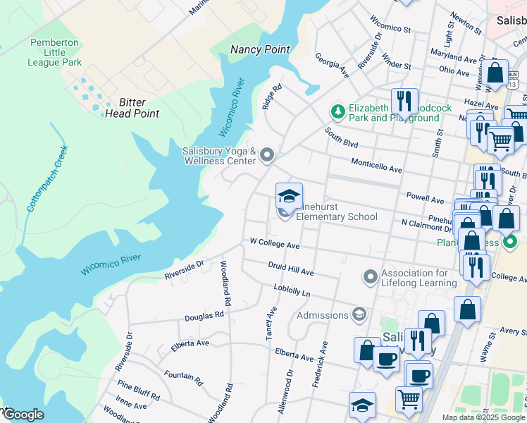 map of restaurants, bars, coffee shops, grocery stores, and more near 1006 Evergreen Avenue in Salisbury