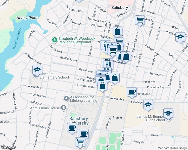 map of restaurants, bars, coffee shops, grocery stores, and more near 916 Hanover Street in Salisbury