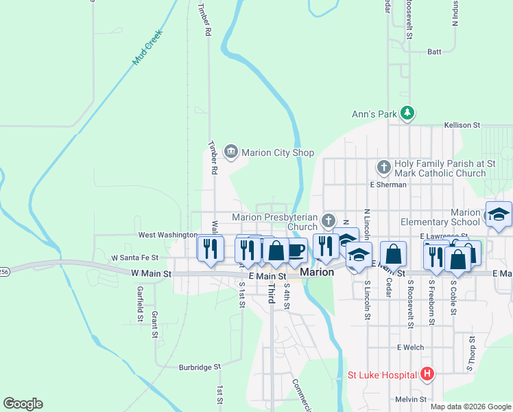 map of restaurants, bars, coffee shops, grocery stores, and more near 2nd Street in Marion