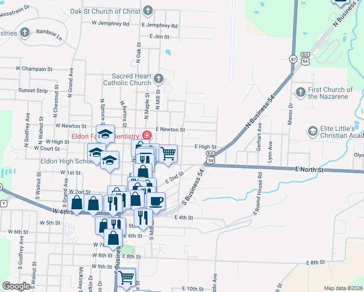 map of restaurants, bars, coffee shops, grocery stores, and more near 200 Franklin Avenue in Eldon