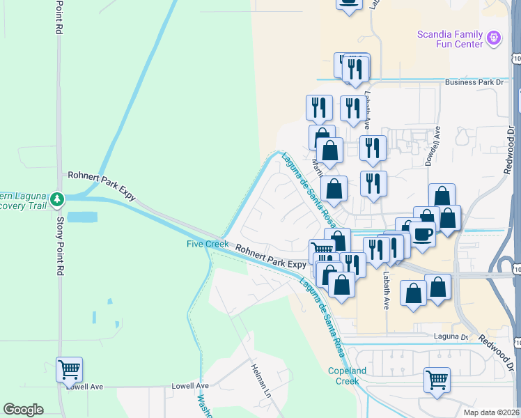 map of restaurants, bars, coffee shops, grocery stores, and more near 707 Corte Blanco in Rohnert Park