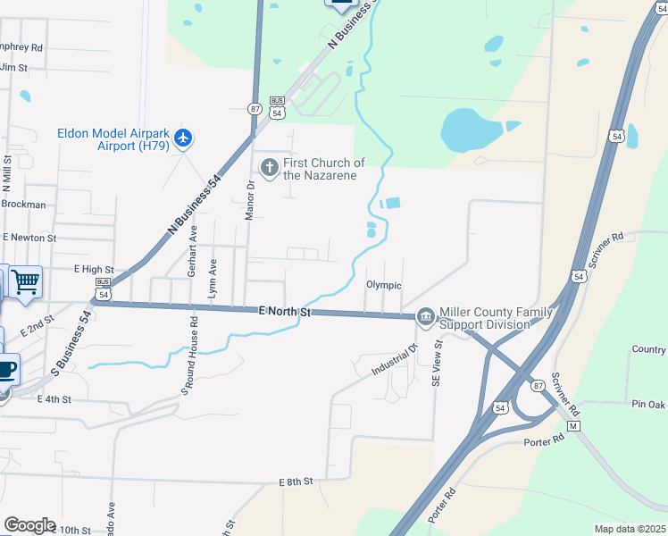 map of restaurants, bars, coffee shops, grocery stores, and more near 1205 Jones Avenue in Eldon