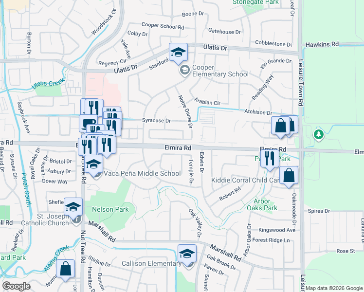 map of restaurants, bars, coffee shops, grocery stores, and more near 709 Elmira Road in Vacaville