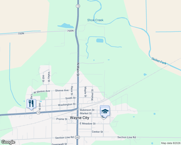 map of restaurants, bars, coffee shops, grocery stores, and more near 101-199 East Simpson Drive in Wayne City