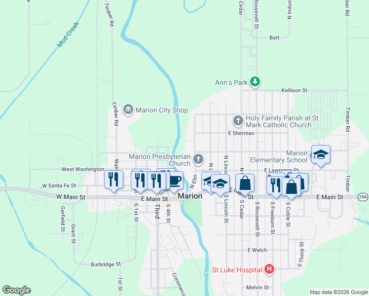 map of restaurants, bars, coffee shops, grocery stores, and more near 315 Elm Street in Marion