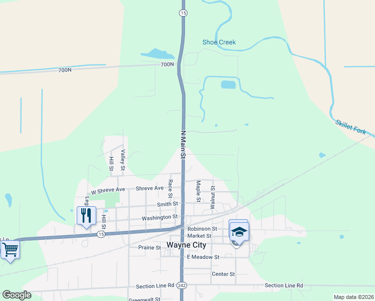 map of restaurants, bars, coffee shops, grocery stores, and more near 101 East Simpson Drive in Wayne City