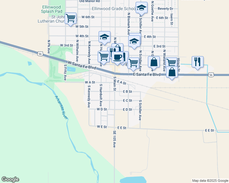 map of restaurants, bars, coffee shops, grocery stores, and more near 100 East B Street in Ellinwood