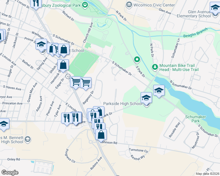 map of restaurants, bars, coffee shops, grocery stores, and more near 701 College Lane in Salisbury