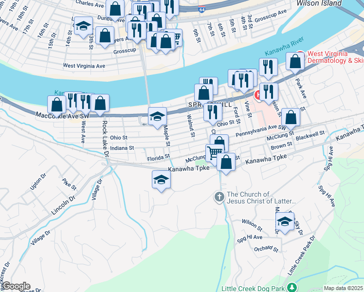 map of restaurants, bars, coffee shops, grocery stores, and more near 5014 Indiana Street in Charleston