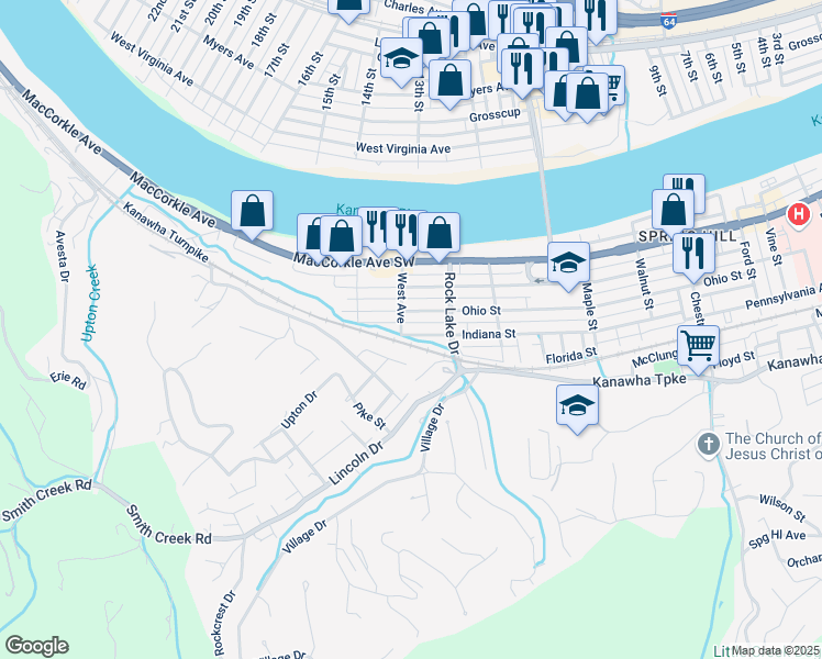 map of restaurants, bars, coffee shops, grocery stores, and more near 5401 West Avenue in South Charleston