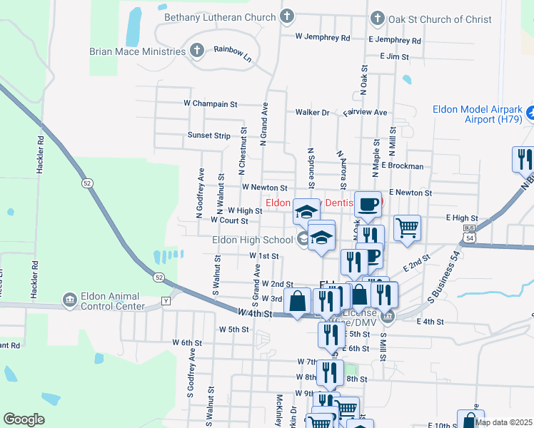 map of restaurants, bars, coffee shops, grocery stores, and more near 205 North Grand Avenue in Eldon