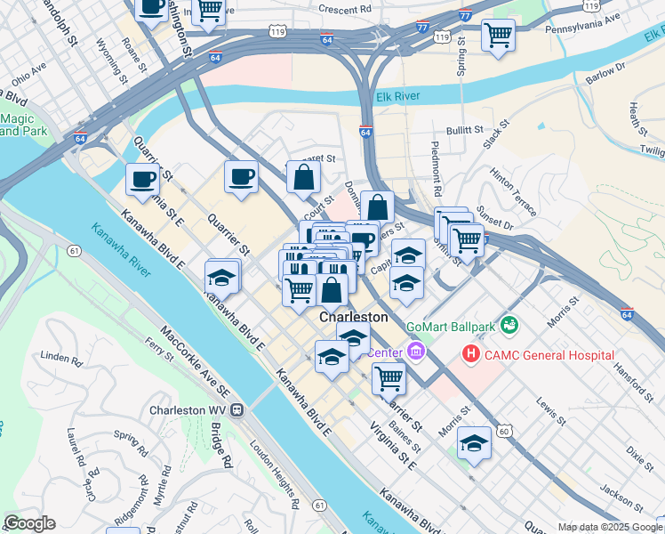 map of restaurants, bars, coffee shops, grocery stores, and more near in Charleston