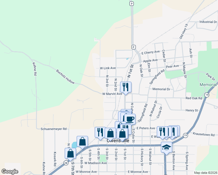 map of restaurants, bars, coffee shops, grocery stores, and more near 508 North 3rd Street in Owensville