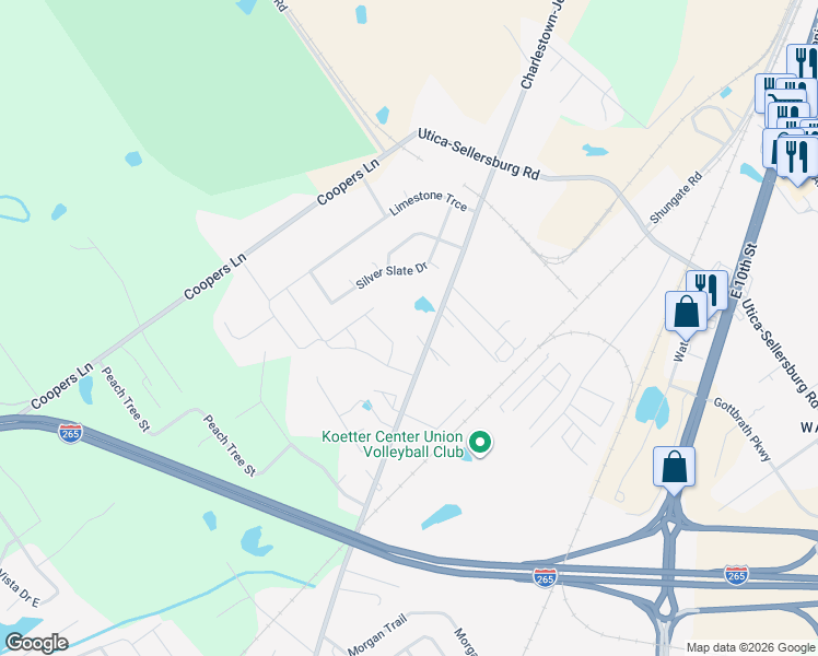 map of restaurants, bars, coffee shops, grocery stores, and more near 3919 Charlestown Pike in Jeffersonville