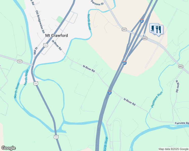 map of restaurants, bars, coffee shops, grocery stores, and more near 442-476 North River Road in Mount Crawford