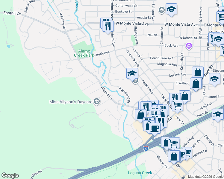 map of restaurants, bars, coffee shops, grocery stores, and more near 490 Edgewood Drive in Vacaville