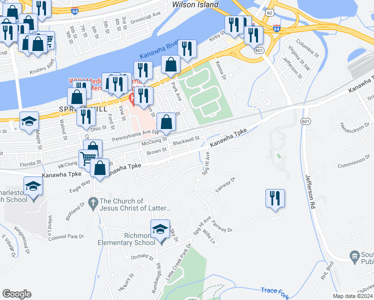 map of restaurants, bars, coffee shops, grocery stores, and more near 4411 Blackwell Street in South Charleston