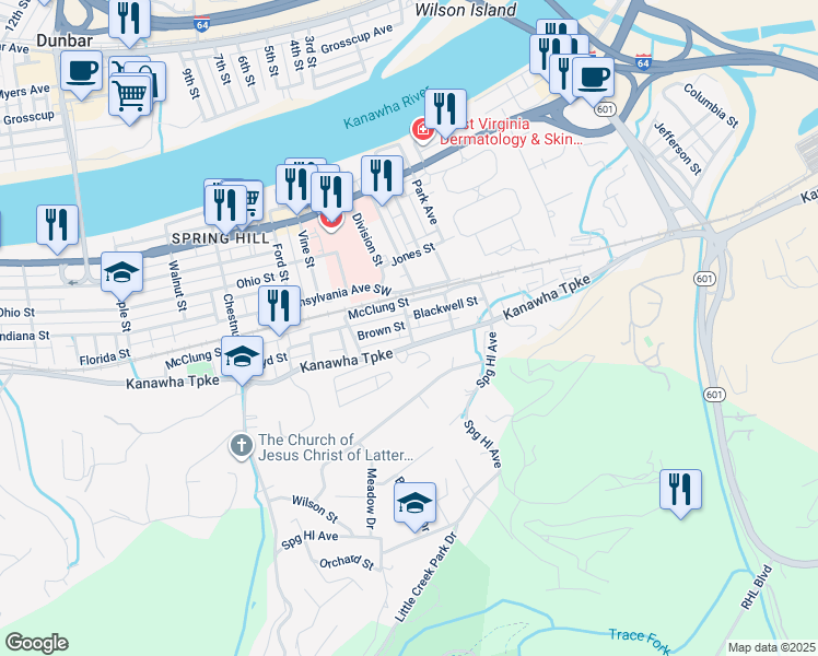 map of restaurants, bars, coffee shops, grocery stores, and more near 4510 Alley in South Charleston
