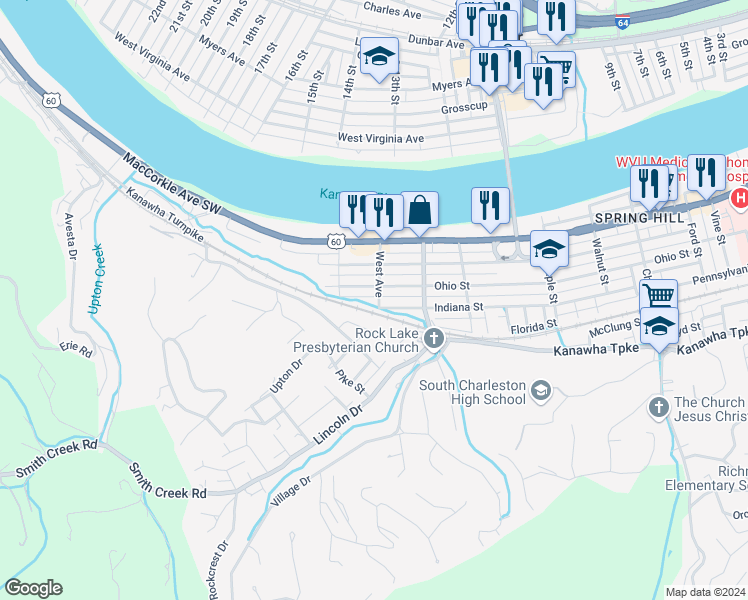 map of restaurants, bars, coffee shops, grocery stores, and more near 5401 West Avenue in South Charleston