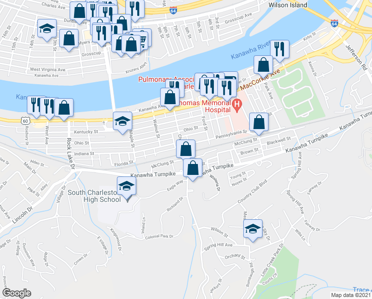 map of restaurants, bars, coffee shops, grocery stores, and more near 624 Chestnut Street in South Charleston