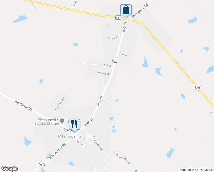 map of restaurants, bars, coffee shops, grocery stores, and more near Main Street in Pleasureville