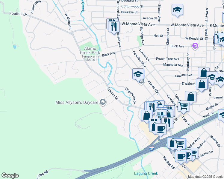 map of restaurants, bars, coffee shops, grocery stores, and more near 451 Alamo Drive in Vacaville