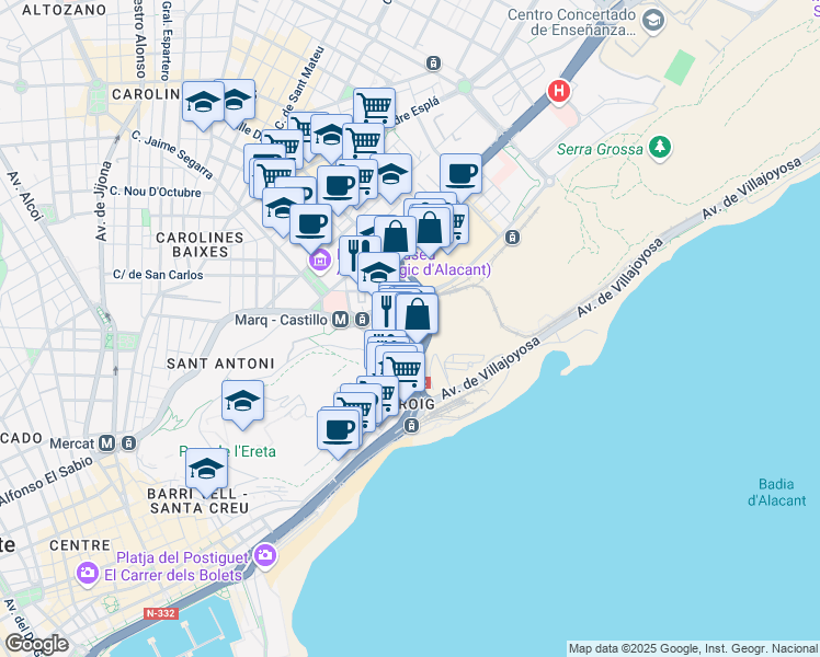 map of restaurants, bars, coffee shops, grocery stores, and more near 29 Avinguda de Dénia in Alacant