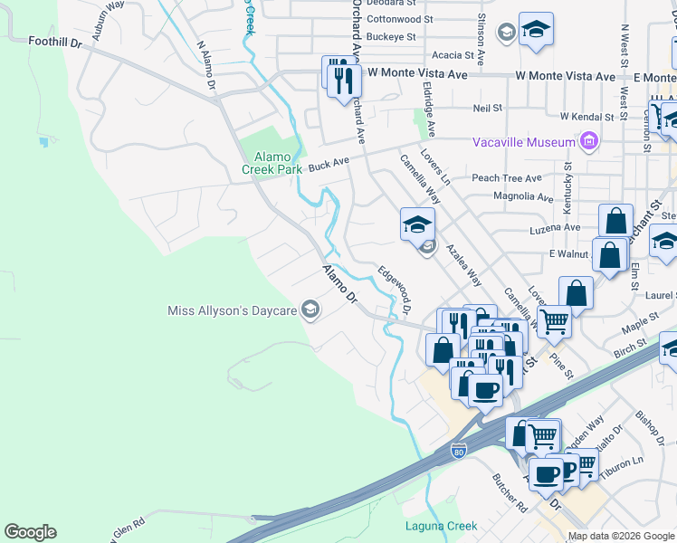 map of restaurants, bars, coffee shops, grocery stores, and more near 451 Alamo Drive in Vacaville